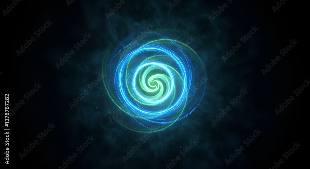 A glowing spiral of soft blue and green light, spinning gently with a magical, otherworldly feel, surrounded by a faint mist A glowing spiral of soft blue and green light, spinning gently with a magical, otherworldly feel, surrounded by a faint mist