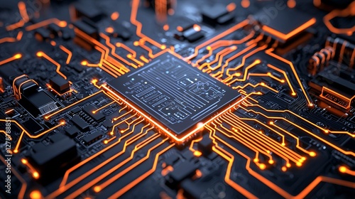 Close-up View of a Modern Circuit Board with Orange Light Details and Intricate Electronic Components