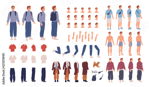 Male character kit. Man body parts constructor. Different poses. Various face emotion expressions. Casual clothes. Limb positions. Avatar generator. Apparel accessory. Garish vector set