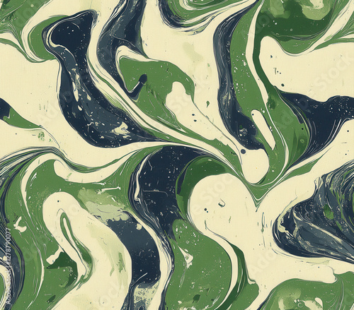 Swirling patterns of dark green and navy blue create dynamic abstract design, Seamless Pattern Style.