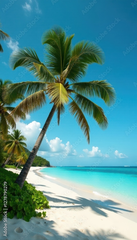 A lone palm tree stands on the edge of a vast expanse of sandy beach, surrounded by swaying palms and turquoise ocean waters, driftwood, sea spray A lone palm tree stands on the edge of a vast expanse of sandy beach, surrounded by swaying palms and turquoise ocean waters, driftwood, sea spray