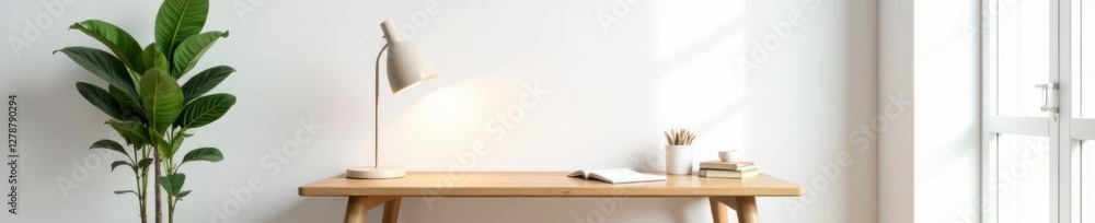 A minimalist home office setup featuring a small wooden desk, a single desk lamp, and a few scattered books against a plain white wall, workspace, focused work A minimalist home office setup featuring a small wooden desk, a single desk lamp, and a few scattered books against a plain white wall, workspace, focused work