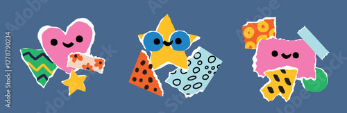 Funny paper collages. Torn patterned pieces of cardboard. Colorful elements with ragged edges. Bright compositions. Scrapbooking shapes. Abstract doodle stickers. Garish vector set