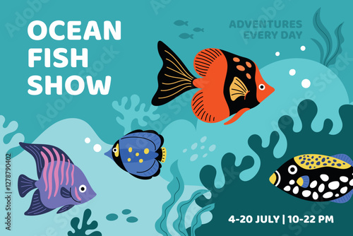 Fish exhibition. Invitational poster. Tropical marine life. Underwater colorful inhabitants. Oceanarium flyer. Swimming angelfish. Aquarium animals. Coral reef. Garish vector banner