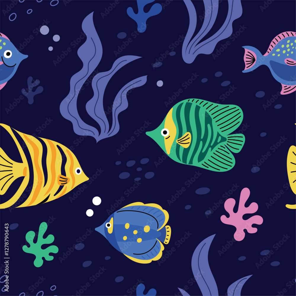 Naklejka premium Exotic fish seamless pattern. Tropical inhabitants of coral reefs. Seas and oceans underwater life. Repeated print. Seawater aquaculture. Aquarium goldfish. Garish vector background
