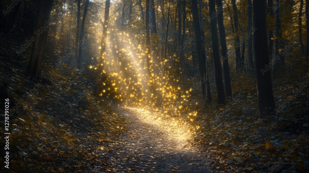 Fototapeta premium Enchanted Forest Path with Magical Glowing Lights in Twilight