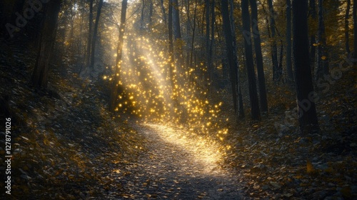 Enchanted Forest Path with Magical Glowing Lights in Twilight