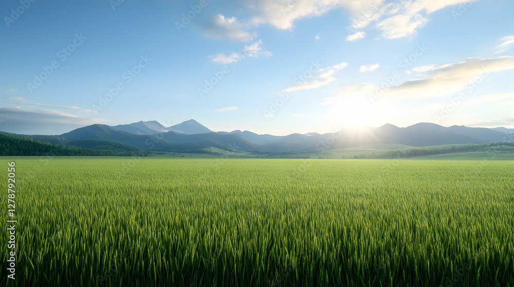 Fototapeta premium A vast field of vibrant green grass stretches beneath a clear blue sky