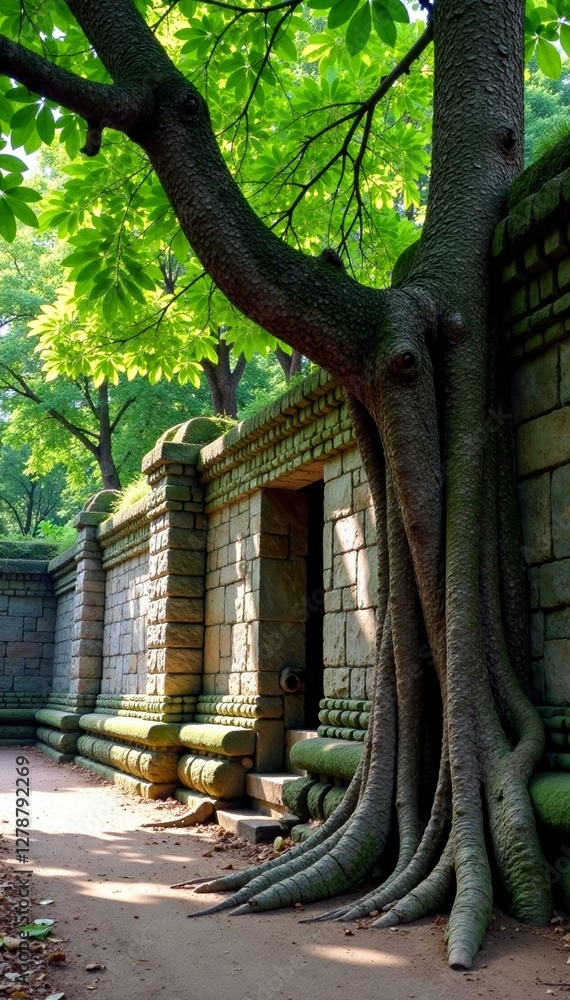 Naklejka premium Ancient trees and twisted roots on a weathered stone wall, outdoor landscapes, thai nature