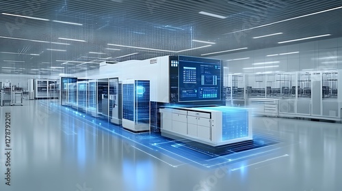 Futuristic industrial manufacturing facility showcasing advanced automated machinery with digital interface displays