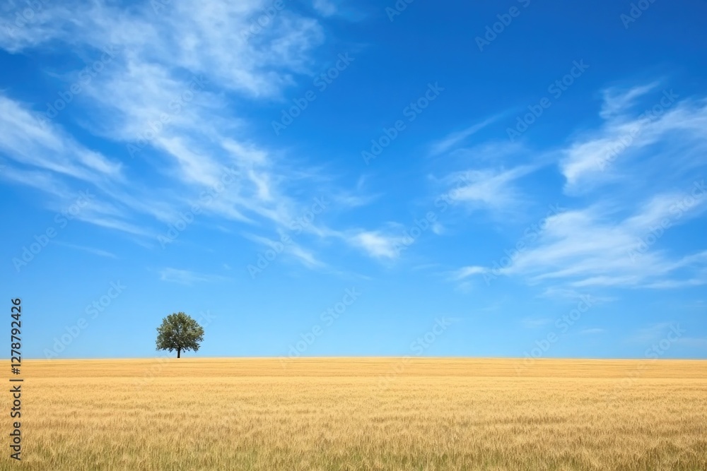 Lone tree stands in golden field under expansive blue sky, evoki Lone tree stands in golden field under expansive blue sky, evoki