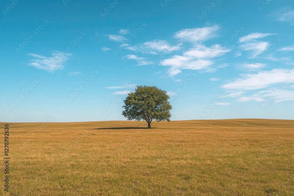 Lone tree stands amidst vast golden field under bright blue sky Lone tree stands amidst vast golden field under bright blue sky