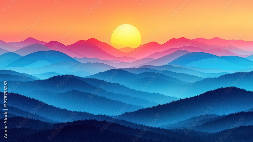 Fototapeta premium Breathtaking sunset casting vibrant colors over majestic mountain peaks and range