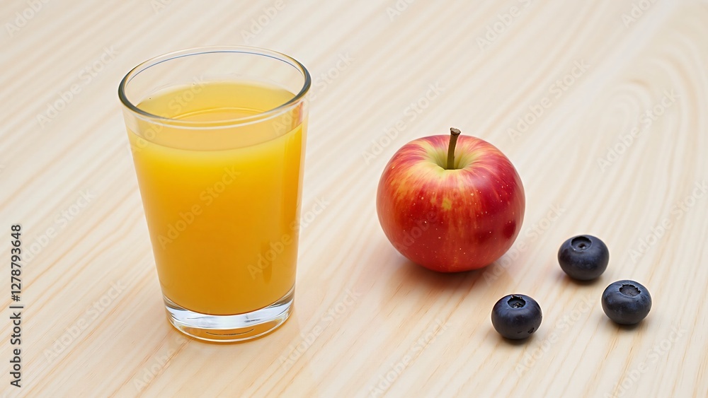 Glass of Orange Juice with Apple and Blueberries on Wooden Table Glass of Orange Juice with Apple and Blueberries on Wooden Table