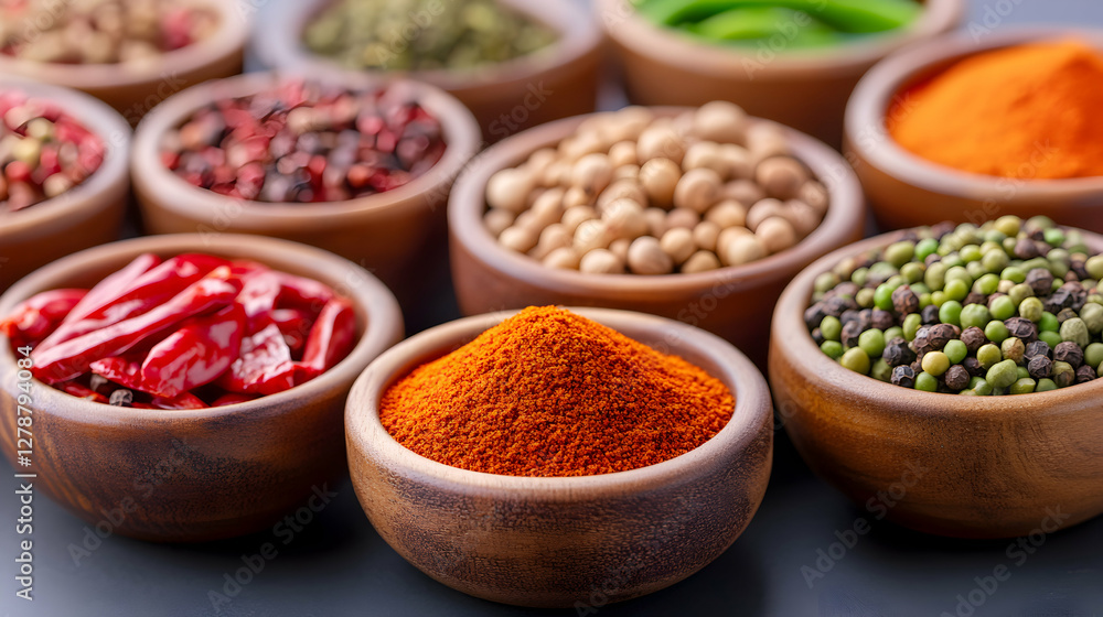 A vibrant collection of various spices displayed in beautifully arranged bowls A vibrant collection of various spices displayed in beautifully arranged bowls