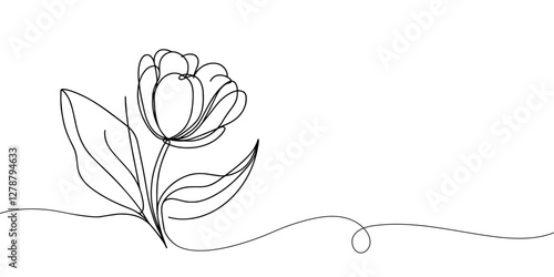 Tulip one line drawing.Abstract flower continuous line. Minimalist contour drawing of tulip. Continuous line drawing of flower tulip.Hand drawn sketch of flower with leaves.