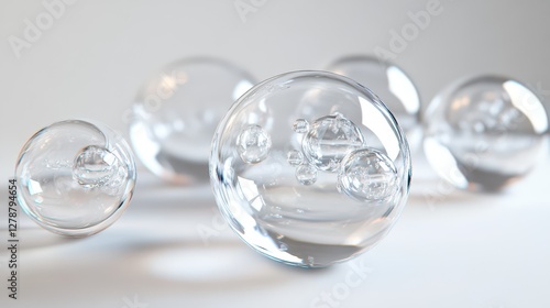 A set of water bubbles is rendered in three dimensions, showcasing their transparent, spherical forms with realistic light reflections.