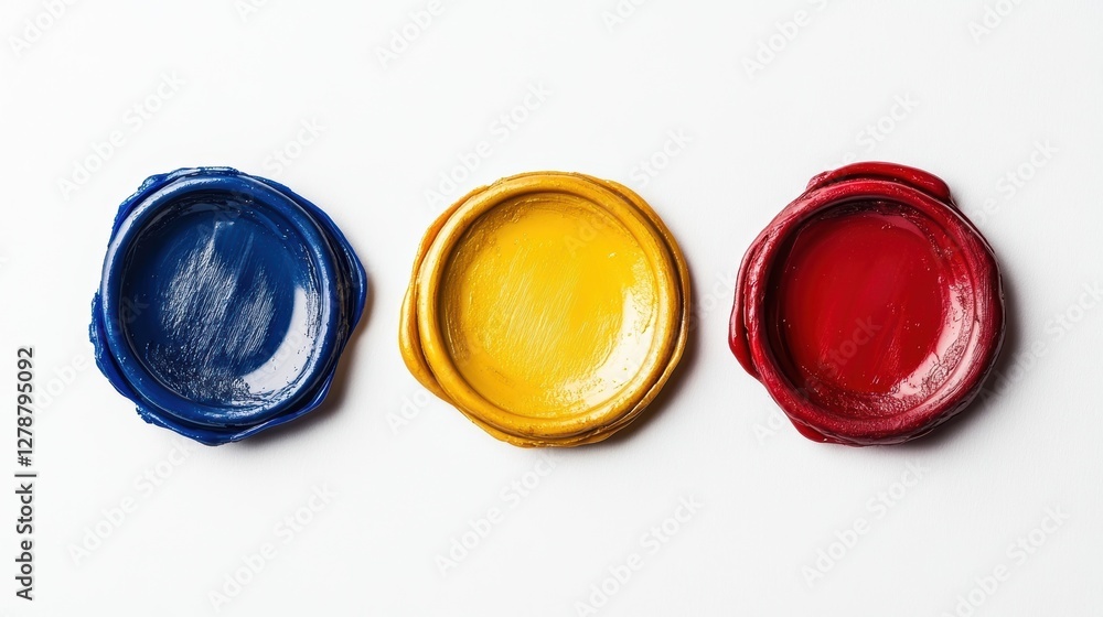 Red, yellow, blue wax seals on white background; vibrant and colorful! Red, yellow, blue wax seals on white background; vibrant and colorful!