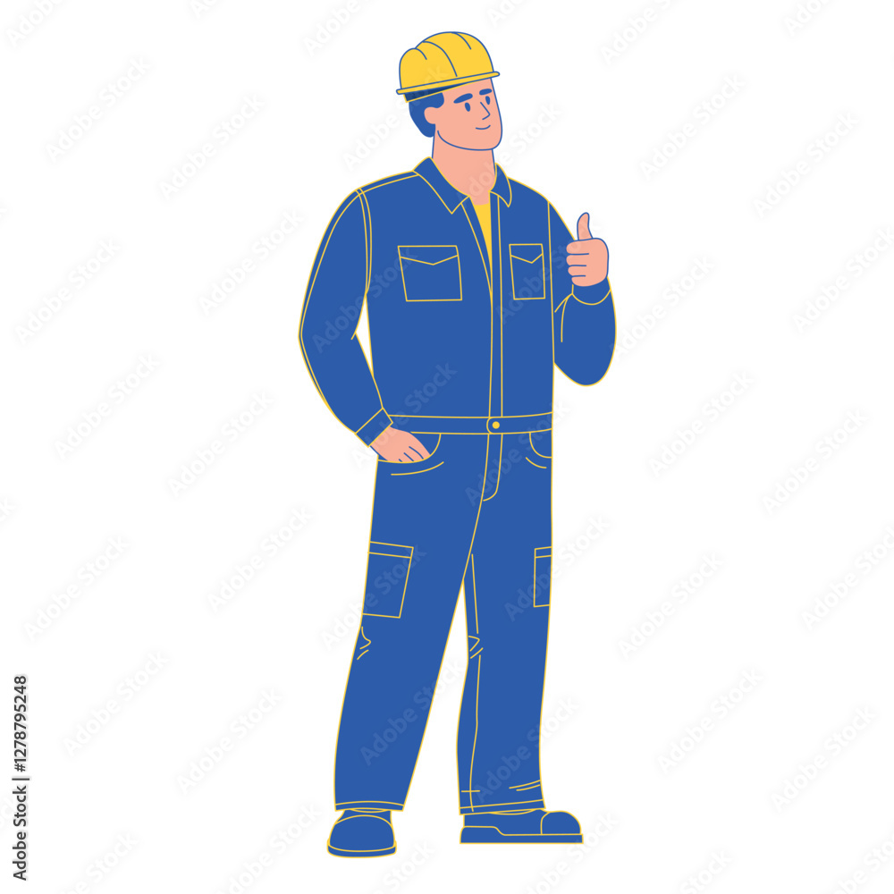 A worker in a yellow helmet and blue overalls stands with a thumbs up gesture. Vector illustration isolated on white background A worker in a yellow helmet and blue overalls stands with a thumbs up gesture. Vector illustration isolated on white background
