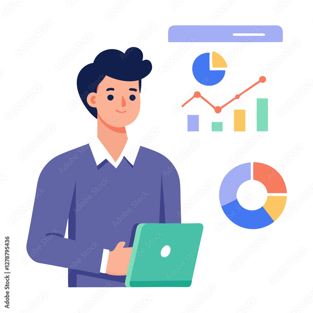 Flat vector strategist drives clear data market for marketing success Flat vector strategist drives clear data market for marketing success