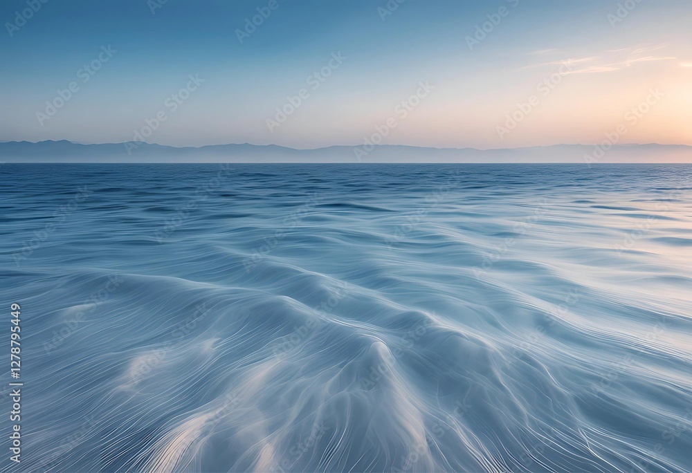 A Moment of Coastal Serenity: Soft Blue Waves and Calm Ocean at Dusk A Moment of Coastal Serenity: Soft Blue Waves and Calm Ocean at Dusk