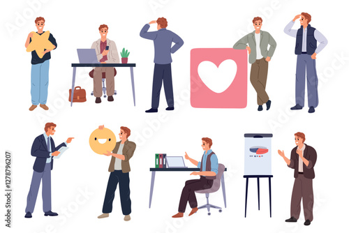 Businessman at workplace. Male character. Cartoon guy in office clothes. Different actions and poses. Emotion expressions. Employee standing or sitting at computer desk. Garish vector set