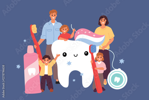 Big tooth with tiny family. Oral hygiene. Caries prevention. Happy parents together with children. Healthy teeth. Smiling people. Cleaning toothpaste. Dental floss. Garish vector concept