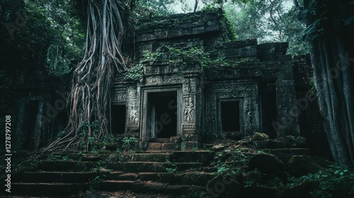 Fototapeta Naklejka Na Ścianę i Meble -  Ancient temple ruins surrounded by lush nature at golden hour in a serene landscape