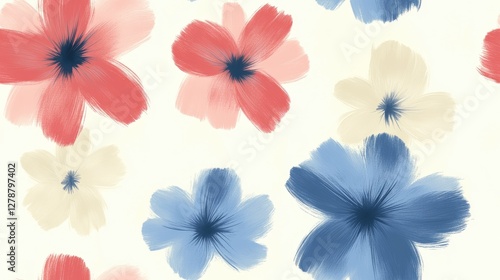 A lively spring pattern showcases large flowers in shades of red, pink, and blue against a soft background. Perfect for textile designs and seasonal decor
