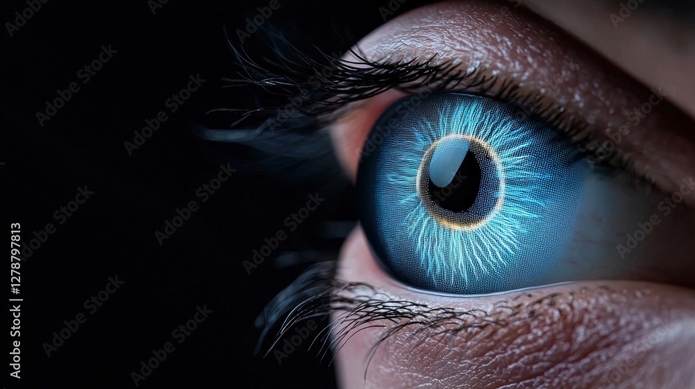 Fototapeta premium Close-Up of Human Eye with Vibrant Blue Iris and Detailed Pupil Surrounded by Black Background
