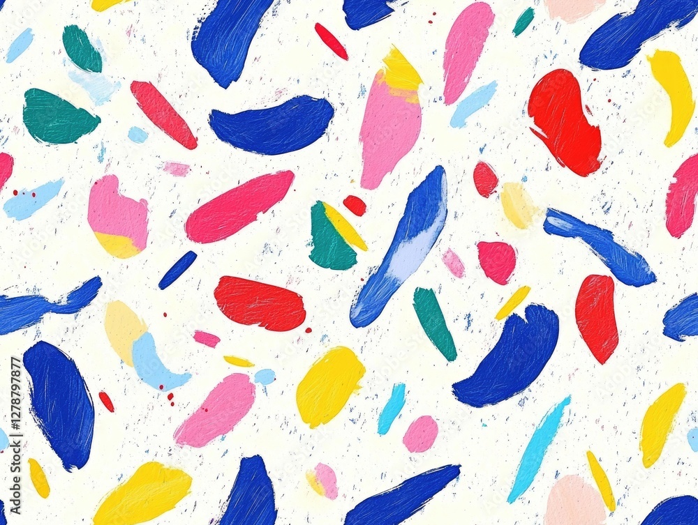 Fototapeta premium This seamless spring pattern showcases a lively arrangement of colorful petals and abstract shapes, perfect for uplifting textile and wallpaper designs