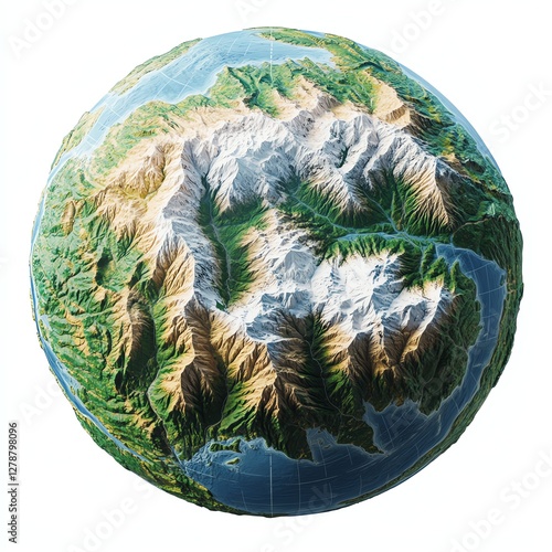 3D model of Earth highlighting mountains and valleys, white isolate background.