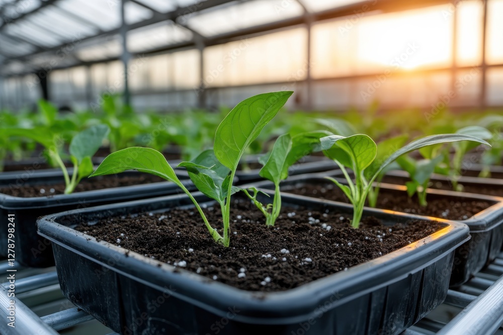 Young green seedlings thrive under the soft light of a sunset, symbolizing growth and the nurturing aspect of plant cultivation. Young green seedlings thrive under the soft light of a sunset, symbolizing growth and the nurturing aspect of plant cultivation.
