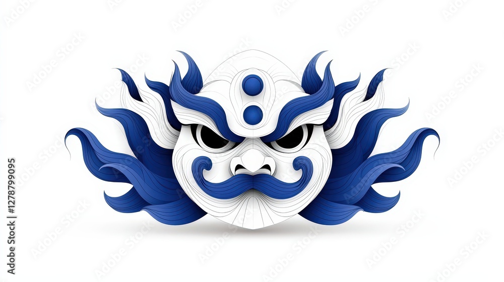 Obraz premium Detailed Artwork of Stylized Blue and White Mythical Mask with Dramatic Features and Flames