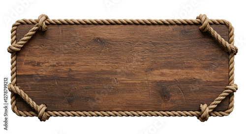 Rustic wooden sign hanging with thick rope knots perfect for your message or design a vintage western or nautical feel
