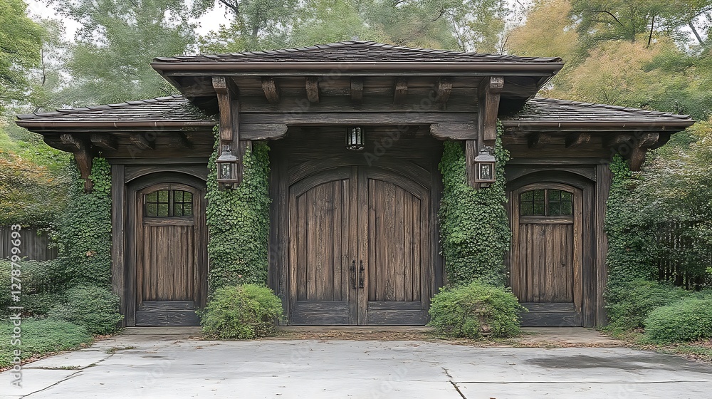 A wooden structure with three doors and climbing vines, surrounded by greenery A wooden structure with three doors and climbing vines, surrounded by greenery
