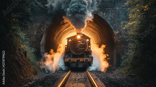 Steam locomotive emerges from dark tunnel with billowing smoke and glowing light on a clear day