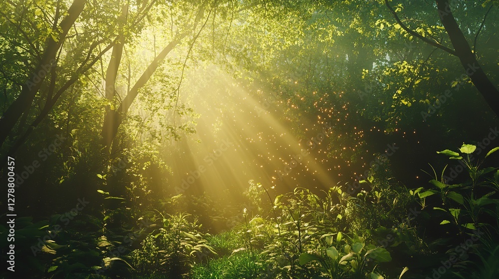 A lush, green forest with rays of sunlight filtering through the trees, creating an enchanting and serene atmosphere. A lush, green forest with rays of sunlight filtering through the trees, creating an enchanting and serene atmosphere.
