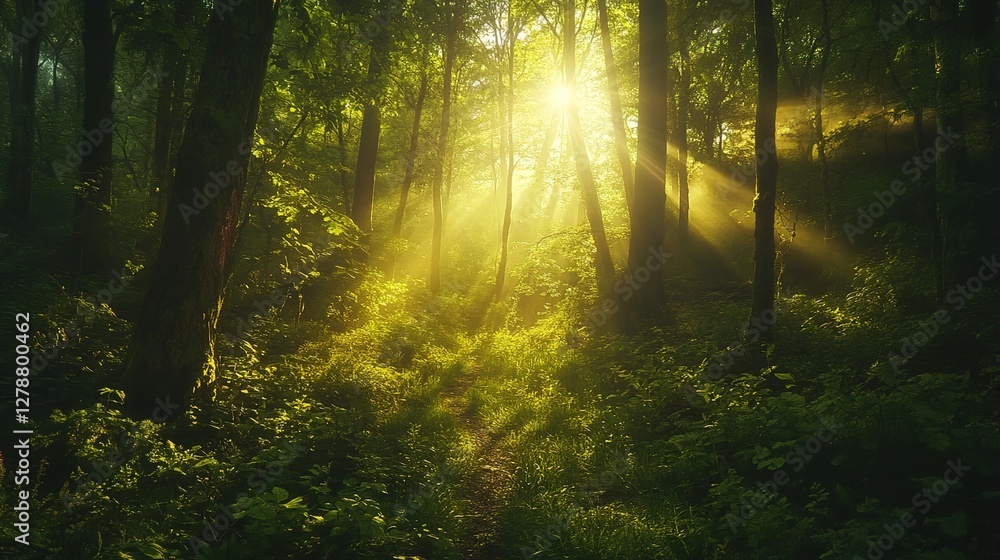 Naklejka premium A lush, green forest with rays of sunlight filtering through the trees, creating an enchanting and serene atmosphere.