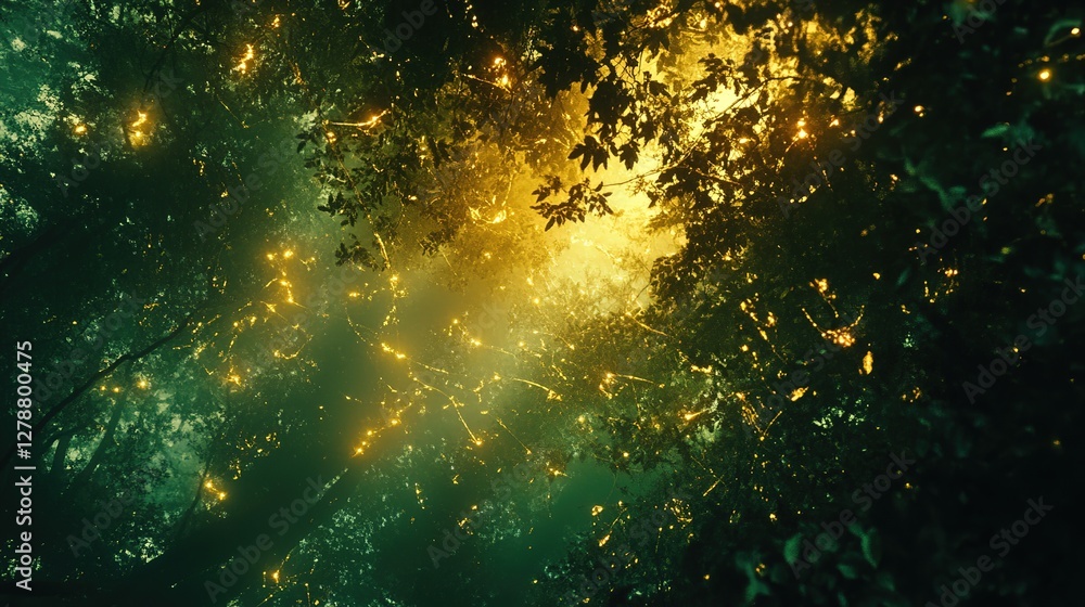 A lush, green forest with rays of sunlight filtering through the trees, creating an enchanting and serene atmosphere.