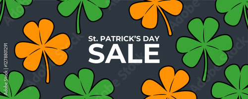 St. Patrick's Date Sale commercial banner for Patricks Day discount shopping advertising. Green and orange lucky clovers. Vector illustration.