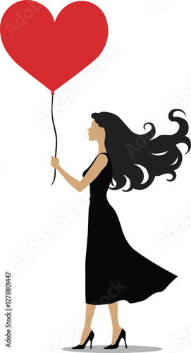 Vector illustration of a woman with a heart-shaped balloon on a romantic background
