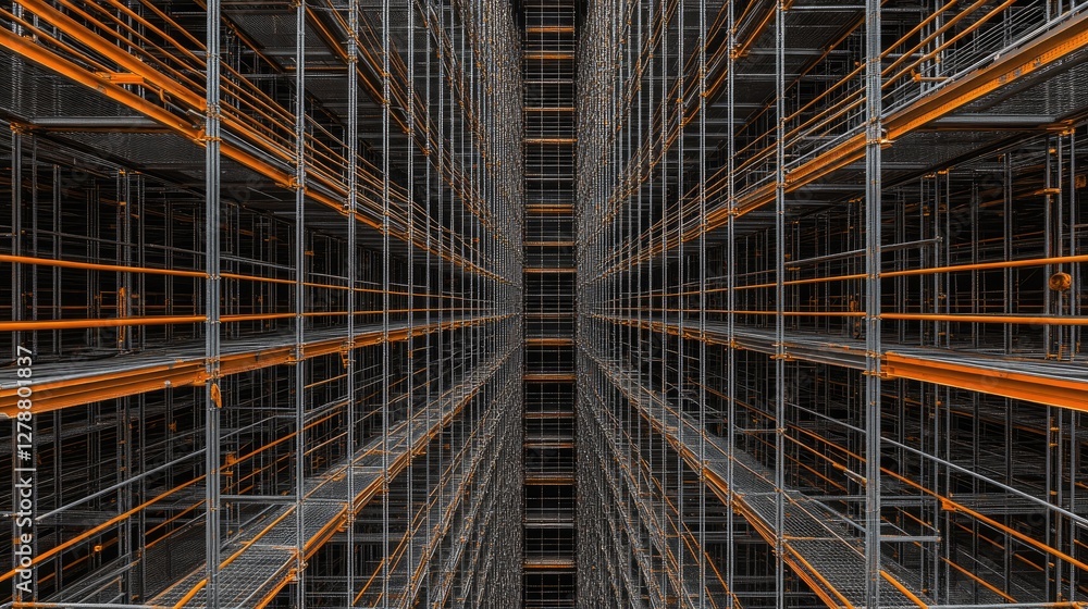 Top-down view of an intricate scaffolding system with metal poles and safety railings, forming an urban construction aesthetic. Top-down view of an intricate scaffolding system with metal poles and safety railings, forming an urban construction aesthetic.