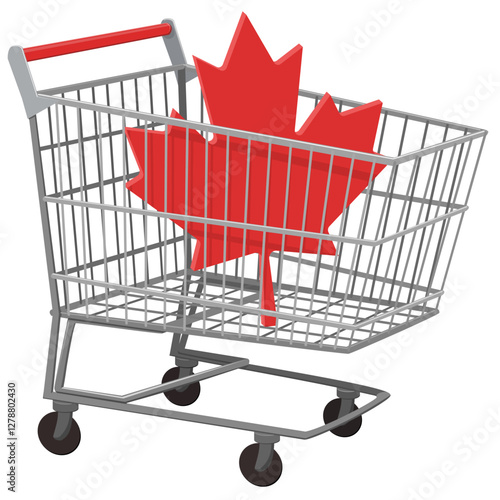 Supermarket shopping cart with Canada's red maple leaf symbol inside (cut out)
