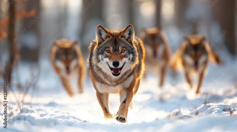 Naklejka premium pack of wolves running through snow in winter forest, showcasing their strength and unity