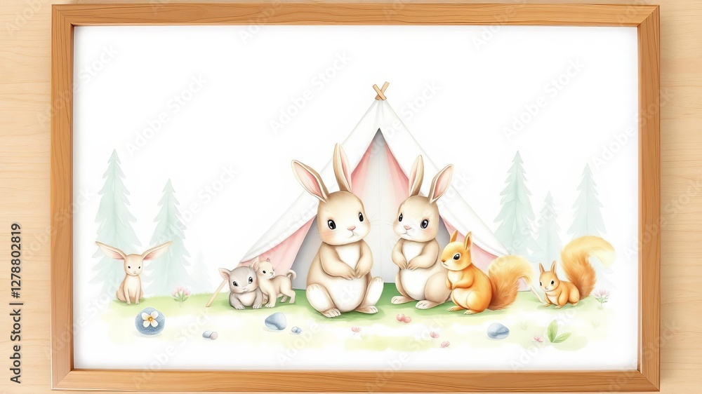 Obraz premium Watercolor nursery frame with baby animals, forest landscape, squirrel, bunny, rabbit, tent illustration for baby shower design, kids print wall art, baby animals, watercolor, baby shower