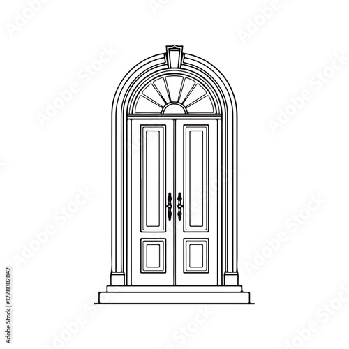 A sophisticated flat drawing of a front door in black and white. a white backdrop.
