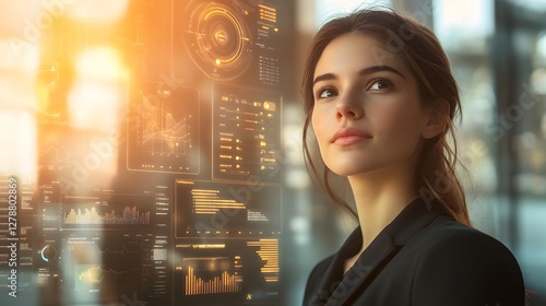 Confident Young Entrepreneur Surrounded by Futuristic AI Powered Business Dashboards