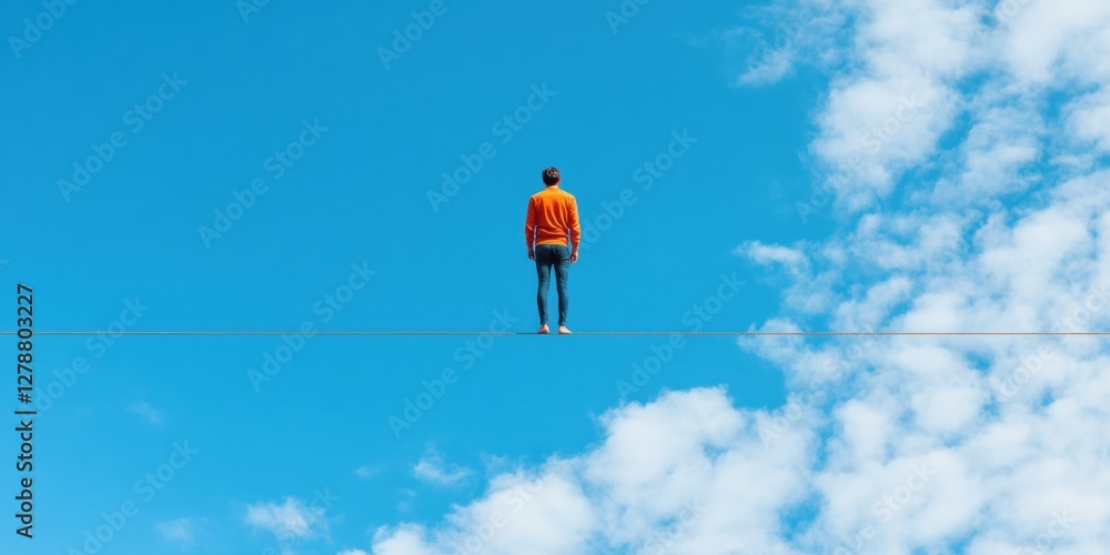 Contemporary Skyward Nobility Tightrope Walker in Vibrant Attire Balancing Against Blue Sky and Clouds - Motivational Visual for Courage in Modern Business Strategy Contemporary Skyward Nobility Tightrope Walker in Vibrant Attire Balancing Against Blue Sky and Clouds - Motivational Visual for Courage in Modern Business Strategy