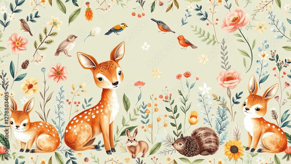 Fototapeta premium Watercolor seamless pattern of wild woodland baby animals (fawn, hedgehog, fox, bunny, squirrel, bird, snail) among forest flora for nursery print, card, paper, textile, forest flora, fawn, textile
